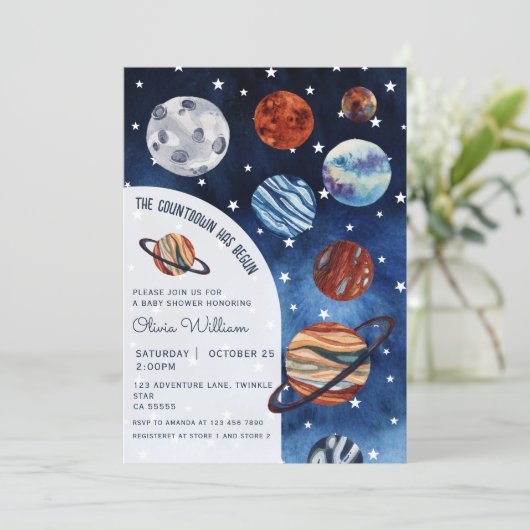 Outer Space Planets Navy Blue Boy Baby Shower  招待状 (スタンド正面)