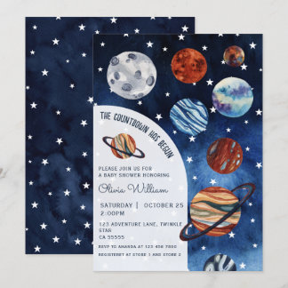 Outer Space Planets Navy Blue Boy Baby Shower  招待状