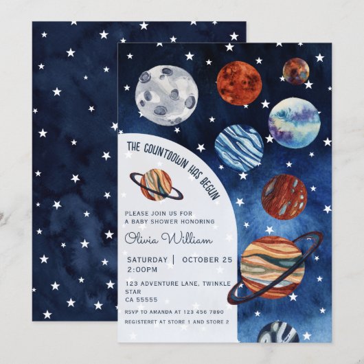 Outer Space Planets Navy Blue Boy Baby Shower  招待状 (正面/裏面)