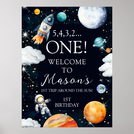 Outer Space Rocket Astronaut 1st Birthday Welcome ポスター (正面)