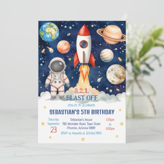 Outer Space Rocket Ship Astronaut Galaxy Birthday  招待状 (スタンド正面)