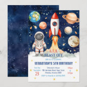 Outer Space Rocket Ship Astronaut Galaxy Birthday  招待状 (正面/裏面)