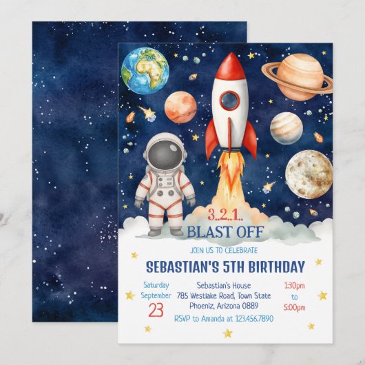 Outer Space Rocket Ship Astronaut Galaxy Birthday  招待状 (正面/裏面)