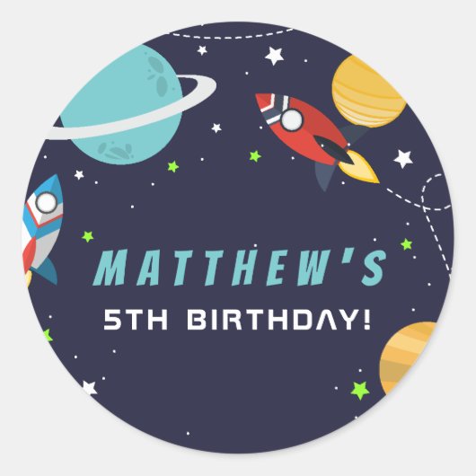 Outer Space Rocket Ship Birthday Party ラウンドシール (正面)