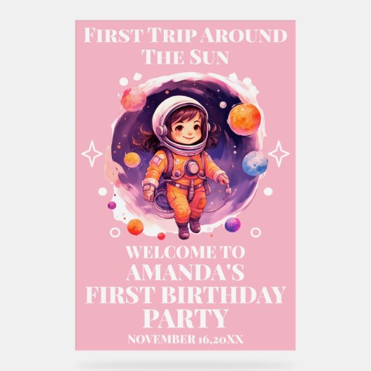 Outerspace Planets Pink Girl 1st Birthday Welcome アクリルサイン (正面)