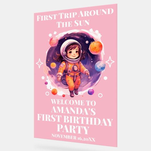 Outerspace Planets Pink Girl 1st Birthday Welcome アクリルサイン (傾斜)
