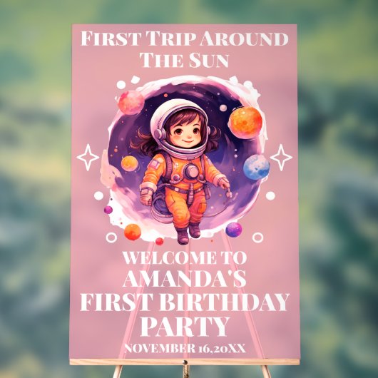 Outerspace Planets Pink Girl 1st Birthday Welcome アクリルサイン (ニュートラル)