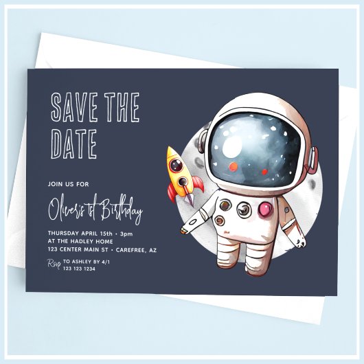 Outerspace Save the Date Blue 1st Birthday 招待状