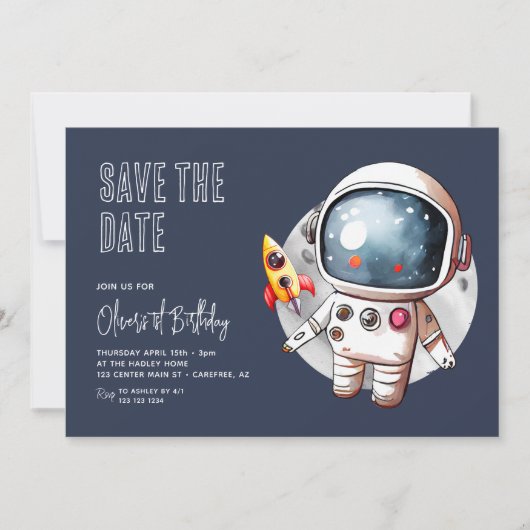 Outerspace Save the Date Blue 1st Birthday 招待状 (正面)