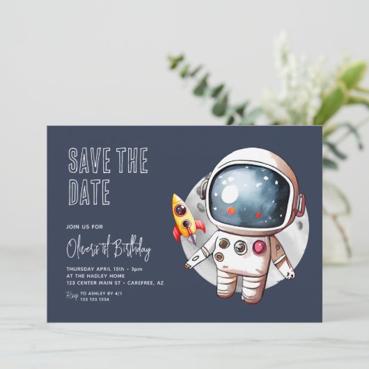 Outerspace Save the Date Blue 1st Birthday 招待状 (スタンド正面)