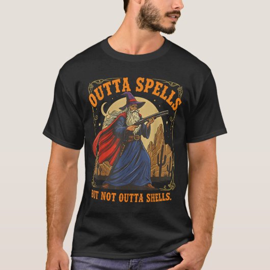 Outta Spells But Not Outta Shells Wizard Fantasy M Tシャツ (正面)
