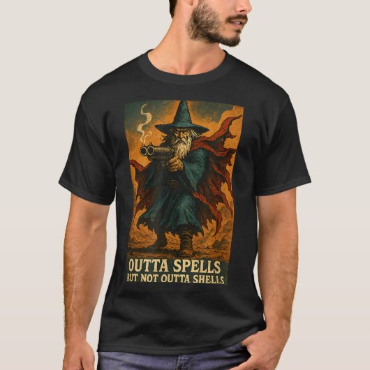 Outta Spells But Not Outta Shells Wizard Fantasy M Tシャツ (正面)