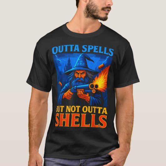 Outta Spells But Not Outta Shells Wizard Fantasy M Tシャツ (正面)