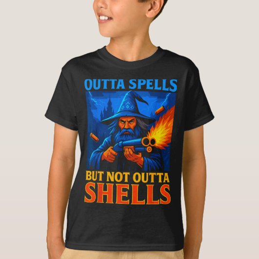 Outta Spells But Not Outta Shells Wizard Fantasy M Tシャツ (正面)