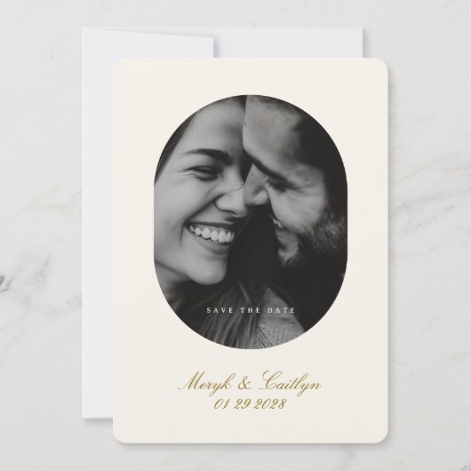Oval Elegant Wedding Photo Calligraphy セーブザデート (正面)