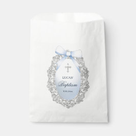 Oval Silver Glitter Frame Blue Bow Baptism フェイバーバッグ