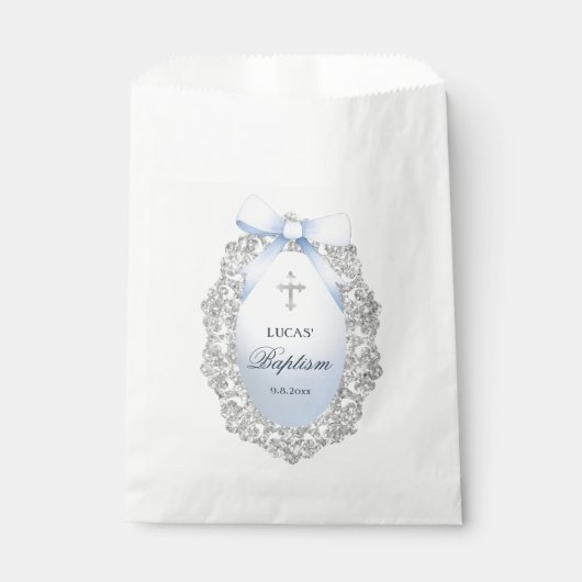 Oval Silver Glitter Frame Blue Bow Baptism フェイバーバッグ (正面)