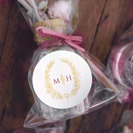 Oval wreath wedding monogram gold dark red white ラウンドシール