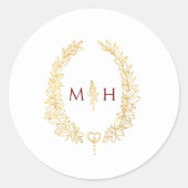 Oval wreath wedding monogram gold dark red white ラウンドシール (正面)
