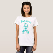 Ovaria Cancer Awareness Plaid Teal Ribbon Survivor Tシャツ (正面フル)