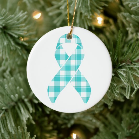 Ovarian Cancer Awareness Plaid Teal Ribbon セラミックオーナメント (ツリー)