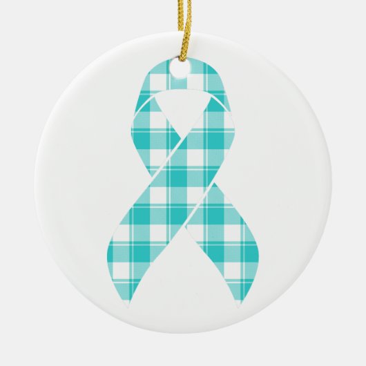 Ovarian Cancer Awareness Plaid Teal Ribbon セラミックオーナメント (正面)