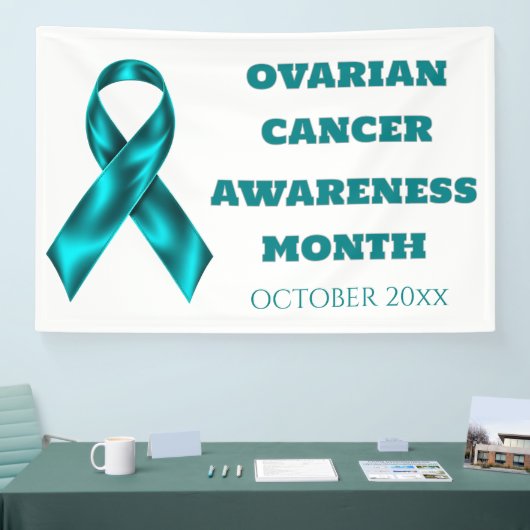 Ovarian Cancer Awareness teal on white ribbon 横断幕 (トレードショー)