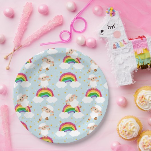 Ovelhas no céu estrelado e arco-íris ペーパープレート (パーティー)