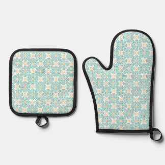 Oven Mitt and Pot Holders Teal & Gold Arabesque Ki 鍋つかみ&鍋敷きセット