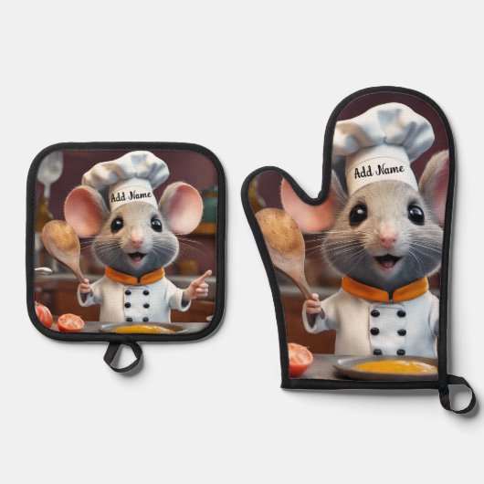 Oven Mitt Pot Holder Set Personalize Chef Mouse 鍋つかみ&鍋敷きセット (正面)