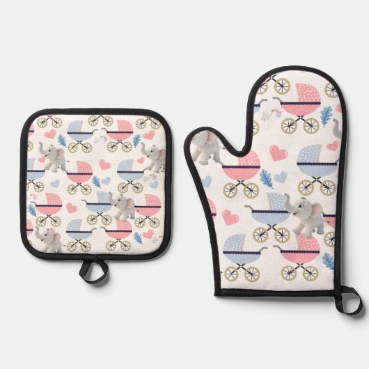 Oven Mitt & Pot Holders Baby Stroller Elephant 鍋つかみ&鍋敷きセット (正面)