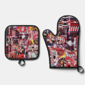 Oven Mitt & Pot Holders – Fragmented Pulse 鍋つかみ&鍋敷きセット (正面)