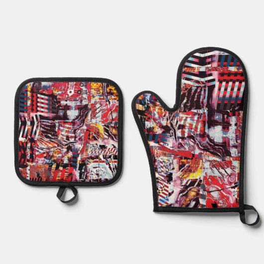 Oven Mitt & Pot Holders – Fragmented Pulse 鍋つかみ&鍋敷きセット (正面)
