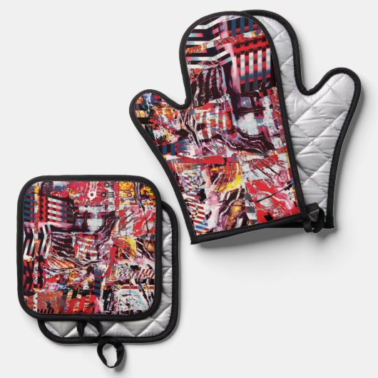 Oven Mitt & Pot Holders – Fragmented Pulse 鍋つかみ&鍋敷きセット (正面/裏面)