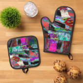 Oven Mitt & Pot Holders – Neon Pulse 鍋つかみ&鍋敷きセット (トップダウン)