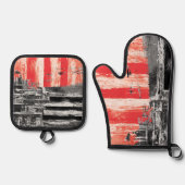 Oven Mitt & Pot Holders Red Pulse Abstract Design 鍋つかみ&鍋敷きセット (正面)