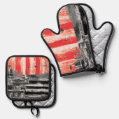 Oven Mitt & Pot Holders Red Pulse Abstract Design 鍋つかみ&鍋敷きセット (正面/裏面)