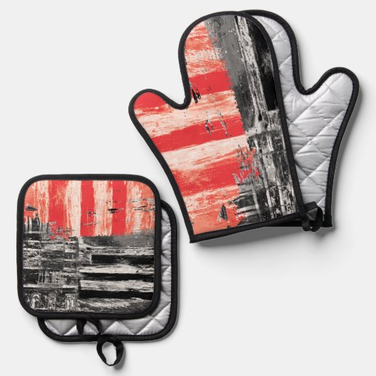Oven Mitt & Pot Holders Red Pulse Abstract Design 鍋つかみ&鍋敷きセット (正面/裏面)