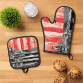 Oven Mitt & Pot Holders Red Pulse Abstract Design 鍋つかみ&鍋敷きセット (トップダウン)