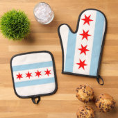 Oven Mitt, Pot Holders with flag of Chicago, USA 鍋つかみ&鍋敷きセット (トップダウン)