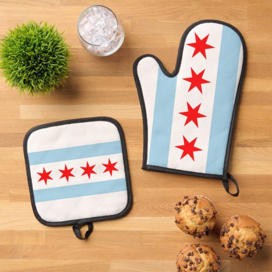 Oven Mitt, Pot Holders with flag of Chicago, USA 鍋つかみ&鍋敷きセット (トップダウン)