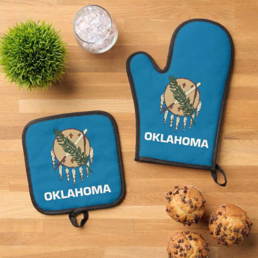 Oven Mitt, Pot Holders with flag of Oklahoma, US 鍋つかみ&鍋敷きセット (トップダウン)