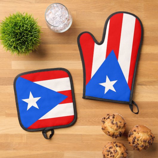 Oven Mitt, Pot Holders with flag of Puerto Rico 鍋つかみ&鍋敷きセット (トップダウン)