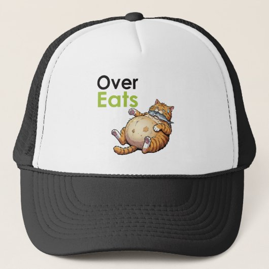 Over Eats - Funny Fat Cat Eating Fish Cartoon キャップ (正面)