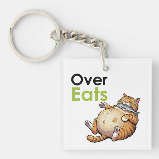 Over Eats - Funny Fat Cat Eating Fish Cartoon キーホルダー (正面)