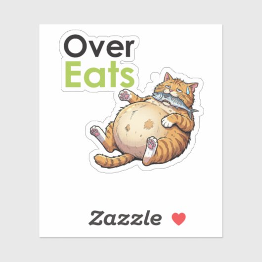 Over Eats - Funny Fat Cat Eating Fish Cartoon シール (シート)
