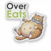Over Eats - Funny Fat Cat Eating Fish Cartoon シール (正面)