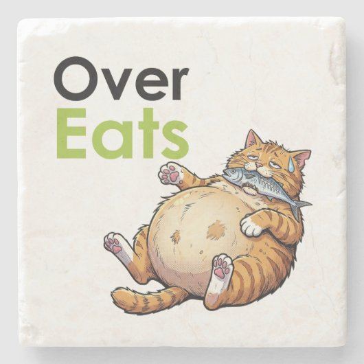 Over Eats - Funny Fat Cat Eating Fish Cartoon ストーンコースター (正面)