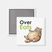 Over Eats - Funny Fat Cat Eating Fish Cartoon マグネット (正面/裏面)