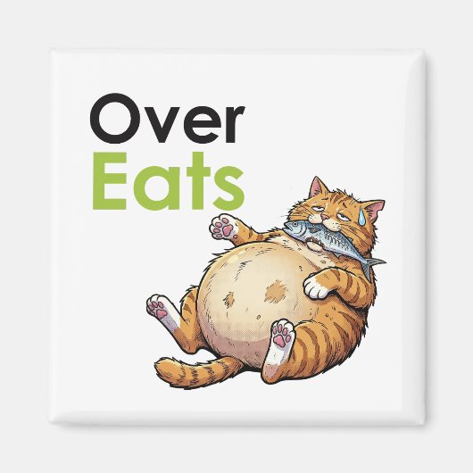 Over Eats - Funny Fat Cat Eating Fish Cartoon マグネット (正面)